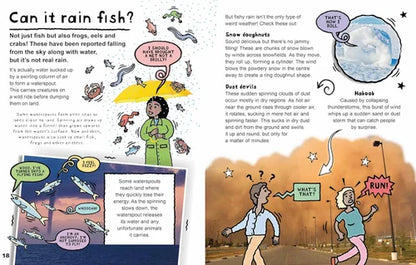 Illustrated book page with text and graphics about rain phenomena and fish.