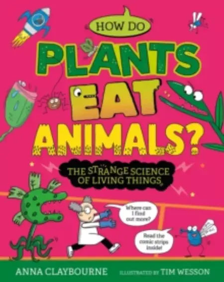 Book cover of 'How Do Plants Eat Animals?' with colorful illustrations on a pink background