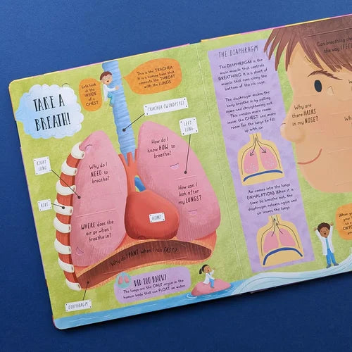 Educational book page about breathing with illustrations and text on a blue background