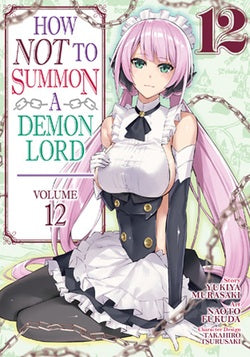 Manga book cover of 'How Not to Summon a Demon Lord' Volume 12 with an anime character in a maid outfit.