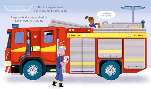 Illustration of a fire engine with a firefighter and a child looking inside, on a light blue background.