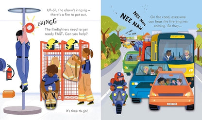 Illustrated book pages showing firefighters and a road scene with vehicles.