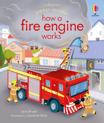 Book cover of 'How a Fire Engine Works' by Usborne with a fire engine and firefighters illustration.