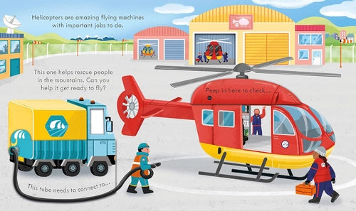 Illustration of a helicopter and truck with people around them in a colorful setting.