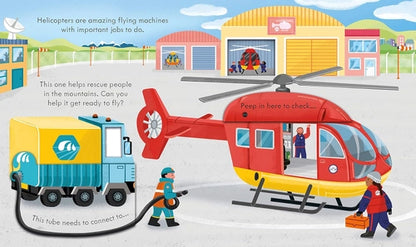 Illustration of a helicopter and truck with people around them in a colorful setting.