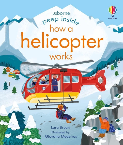 Book cover of 'How a Helicopter Works' by Usborne with a helicopter illustration on a snowy mountain background.