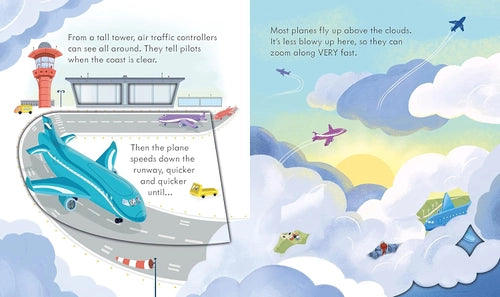 Illustrated book page about airplanes and air traffic control with a tower, runway, and planes.