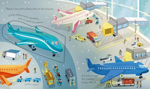 Illustration of an airport scene with airplanes and ground vehicles.