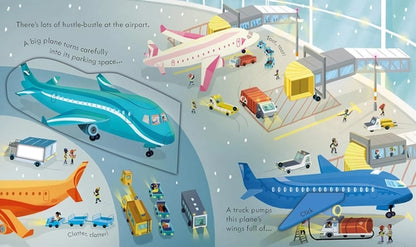 Illustration of an airport scene with airplanes and ground vehicles.