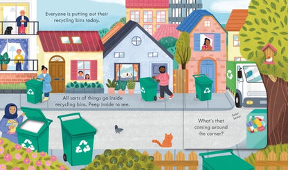 Illustrated page from a children's book about recycling bins in a neighborhood.