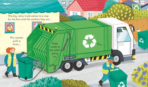 Illustration of a green recycling truck and workers in a suburban setting