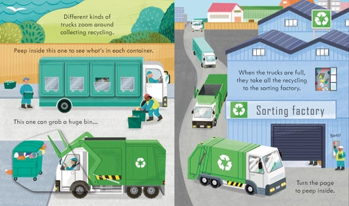 Illustration of garbage trucks at a sorting factory with text explaining the recycling process.