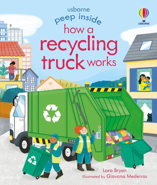 Book cover of 'How a Recycling Truck Works' by Usborne with illustration of a recycling truck and children.