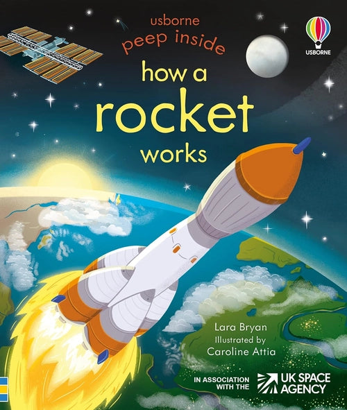 Book cover of 'How a Rocket Works' by Usborne with a rocket launching into space.