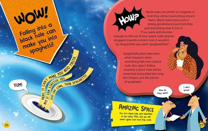 Educational illustration about black holes with text and graphics on a blue background