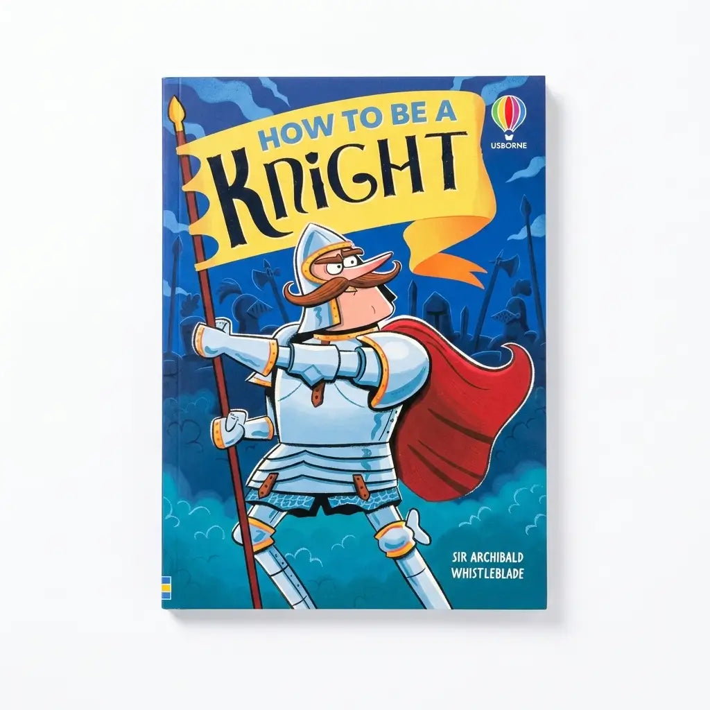 A hardcover book titled 'How to Be a Knight' by Sir Archibald Whistleblade, featuring a cartoon illustration of a knight in silver armor with a red cape on a blue background.