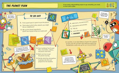 Illustrated educational poster about planning a planet with various activities and tasks.