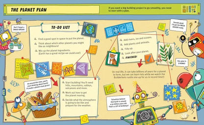 Illustrated educational poster about planning a planet with various activities and tasks.