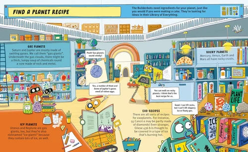 Illustration of a robot in a library searching for 'Planet Recipe' books.