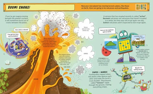 Educational illustration about plate tectonics with cartoon characters and text bubbles.
