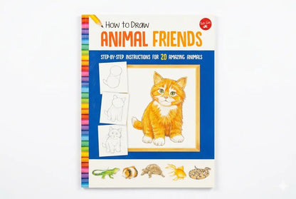 Book cover of 'How to Draw Animal Friends' with a cat illustration and drawing guides.