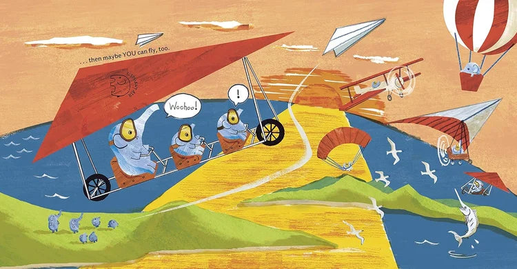 Illustration of a whimsical scene with characters in various modes of transportation on a colorful landscape.