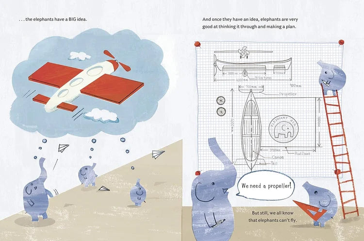 Illustration of elephants with a thought bubble showing a plane, and another elephant looking at a boat diagram.
