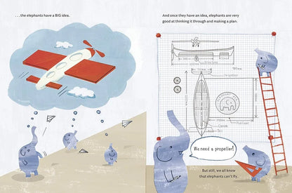 Illustration of elephants with a thought bubble showing a plane, and another elephant looking at a boat diagram.
