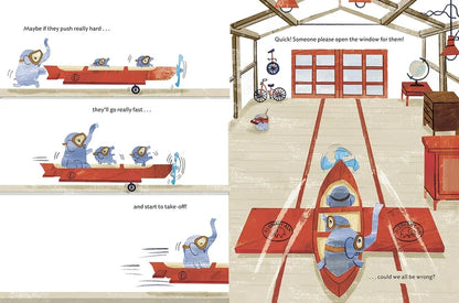 Illustrated book page with children playing with toy cars on a ramp, showing text and a garage in the background.