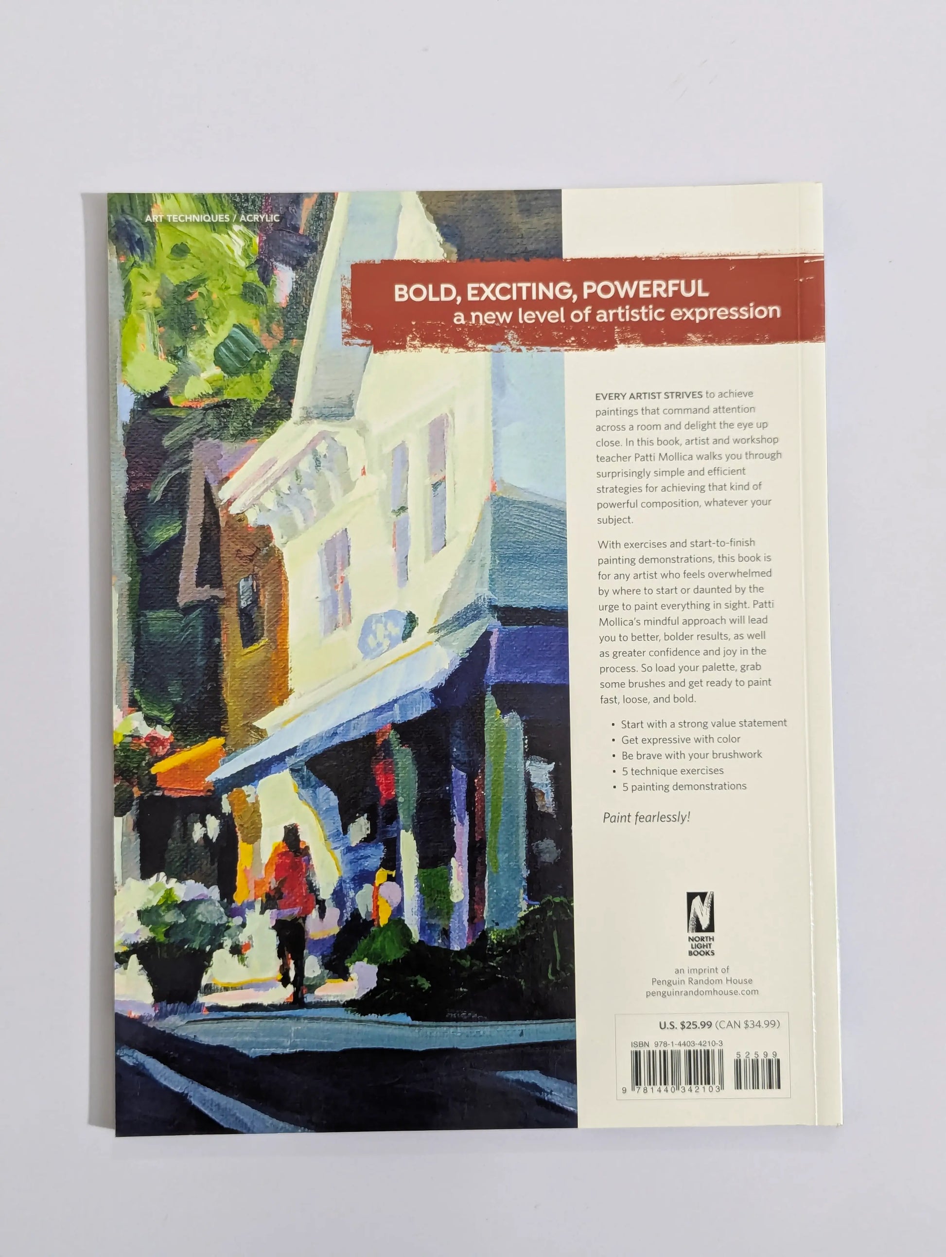 The back cover of a book titled 'Bold, Exciting, Powerful: A New Level of Artistic Expression' by Paul S. Brown, featuring an impressionistic painting of a street scene on the left and product text on the right, set against a neutral light gray background.