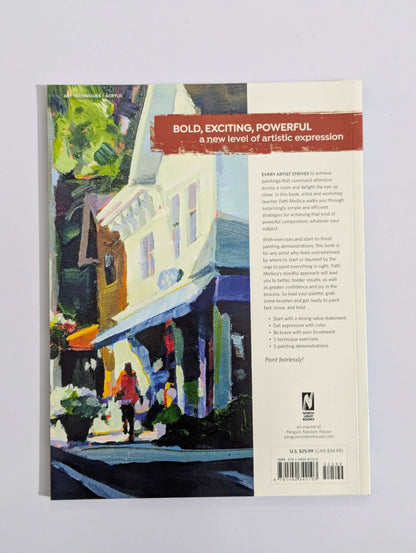 The back cover of a book titled 'Bold, Exciting, Powerful: A New Level of Artistic Expression' by Paul S. Brown, featuring an impressionistic painting of a street scene on the left and product text on the right, set against a neutral light gray background.