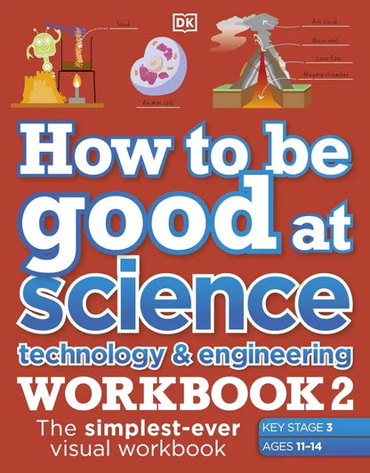 Book cover of 'How to be good at science, technology & engineering Workbook 2' with educational illustrations on a red background.
