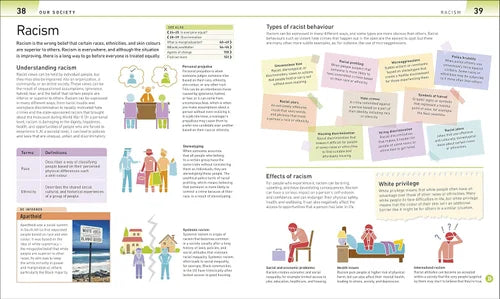 Educational page on racism with text, illustrations, and color-coded sections.
