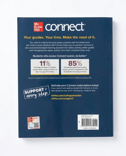 Back cover of a McGraw Hill Connect educational subscription guide or booklet, featuring a dark blue background with white text, promotional callouts, a QR code, and a barcode.