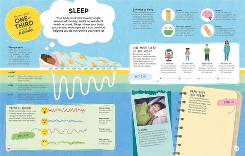 Educational infographic about sleep with illustrations and text on a blue background