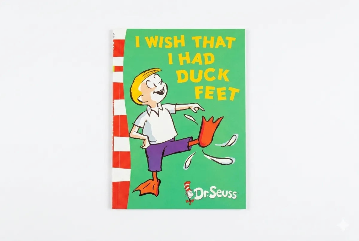 Book cover of 'I Wish That I Had Duck Feet' by Dr. Seuss with a cartoon character on a green background.