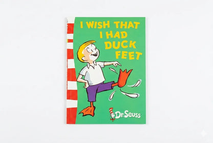 Book cover of 'I Wish That I Had Duck Feet' by Dr. Seuss with a cartoon character on a green background.