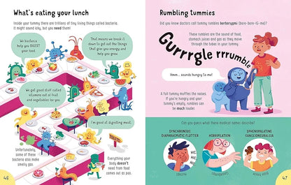 Children's book page about digestion with colorful illustrations and text.