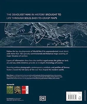 Back cover of a book about World War II with text and maps.