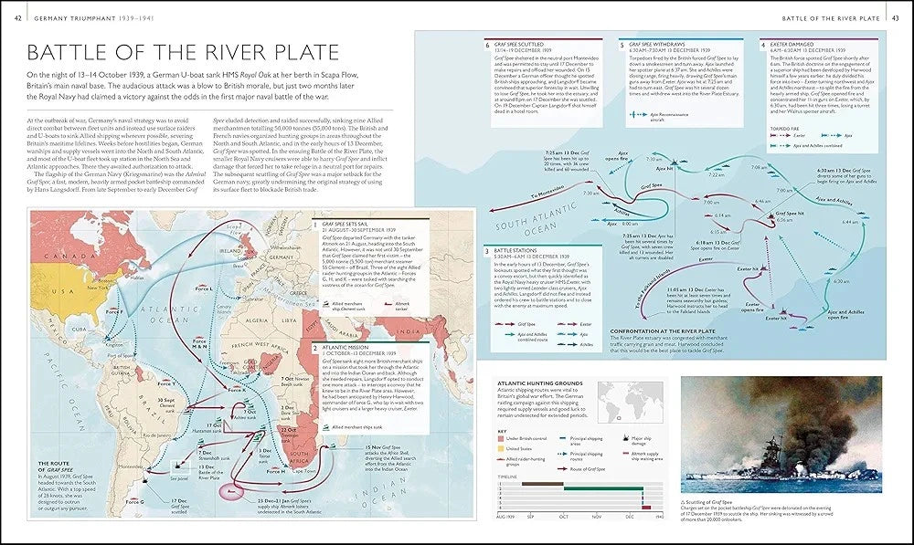Map and historical text on a poster about the Battle of the River Plate, featuring a map of South America and battle routes.