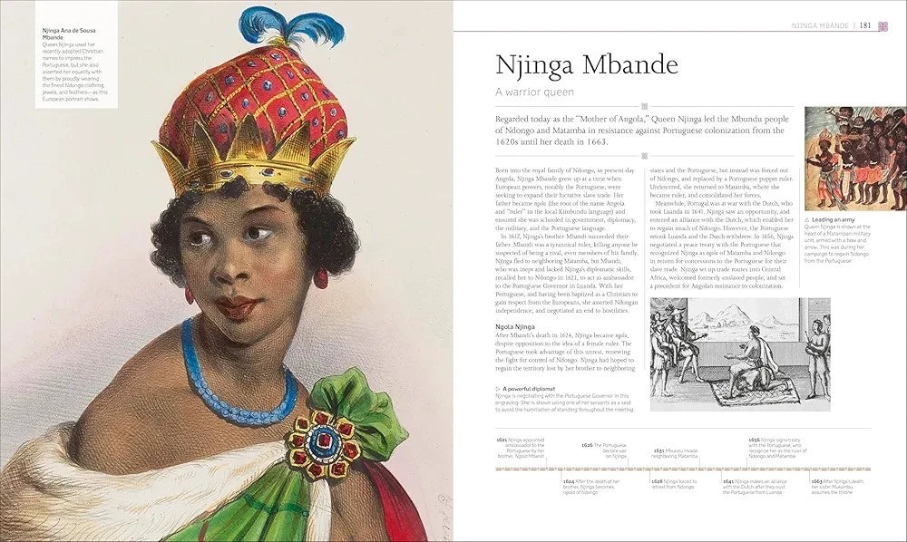 Illustration of a woman in regal attire with text on the right side.