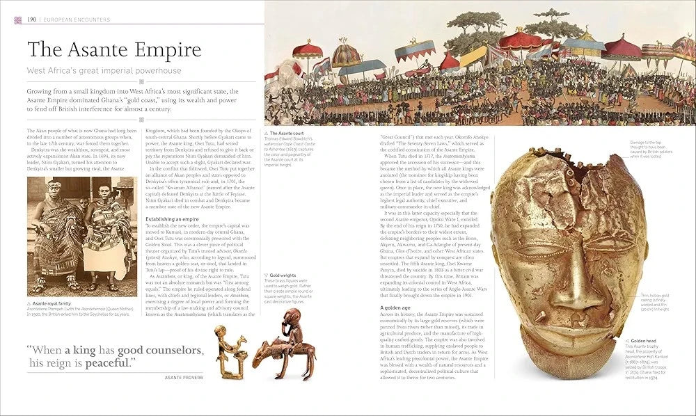 Book page about the Asante Empire with illustrations and text on a white background