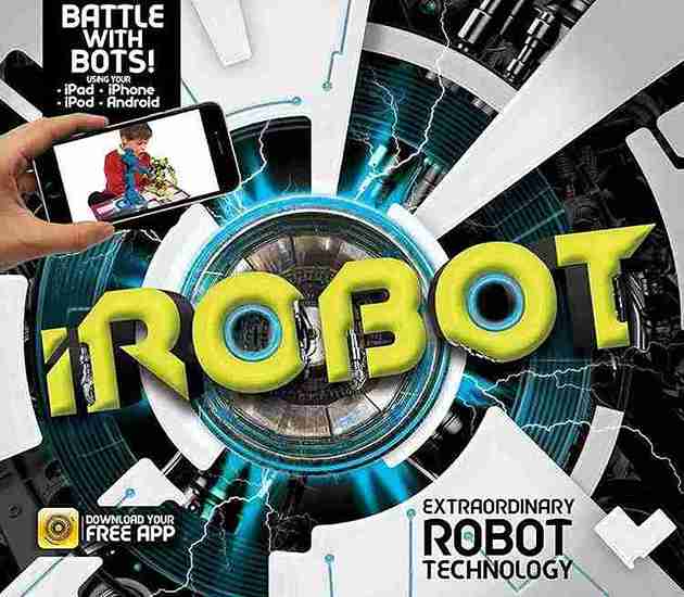 Promotional graphic for a robot-themed app with text and a smartphone.