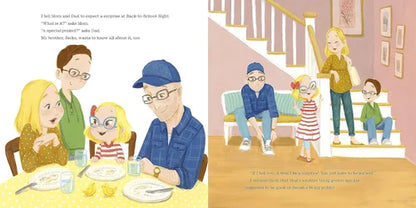 Illustration of a family at dinner and on the stairs in a home setting.