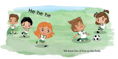 Cartoon children playing soccer with text on a green field