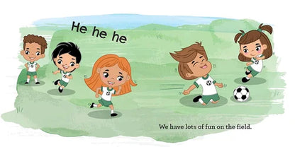Cartoon children playing soccer with text on a green field