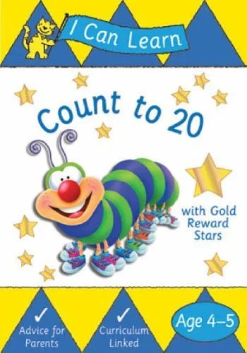 Children's book cover titled 'I Can Learn Count to 20 with Gold Reward Stars' featuring a colorful caterpillar character.