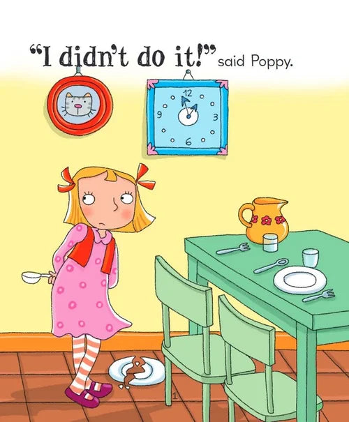 Cartoon character in a pink dress standing near a table with a plate of food, saying 'I didn't do it!'.