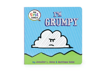 Children's book titled 'I'm Grumpy' with a cloud illustration on a blue background.