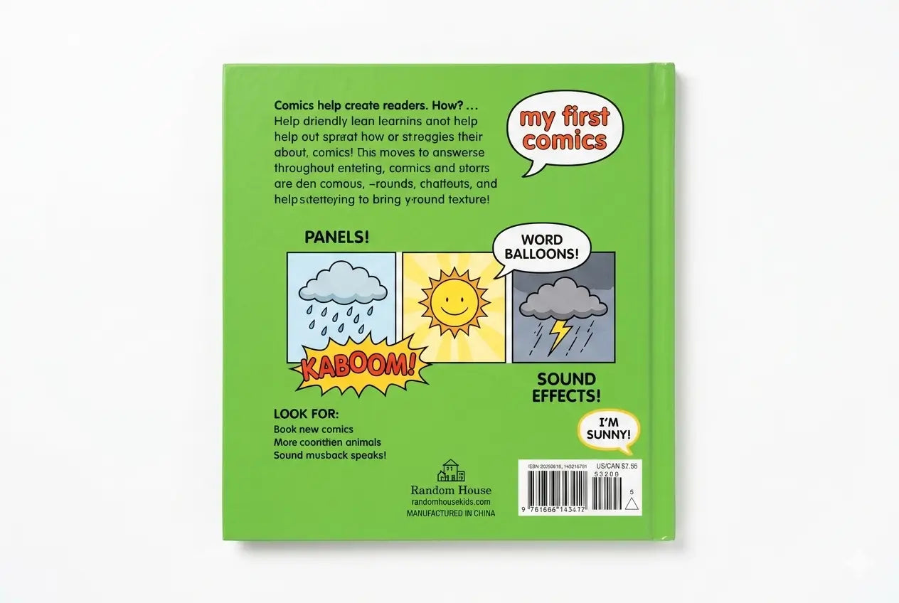 Back cover of a children's book about comics with illustrations and text on a white background